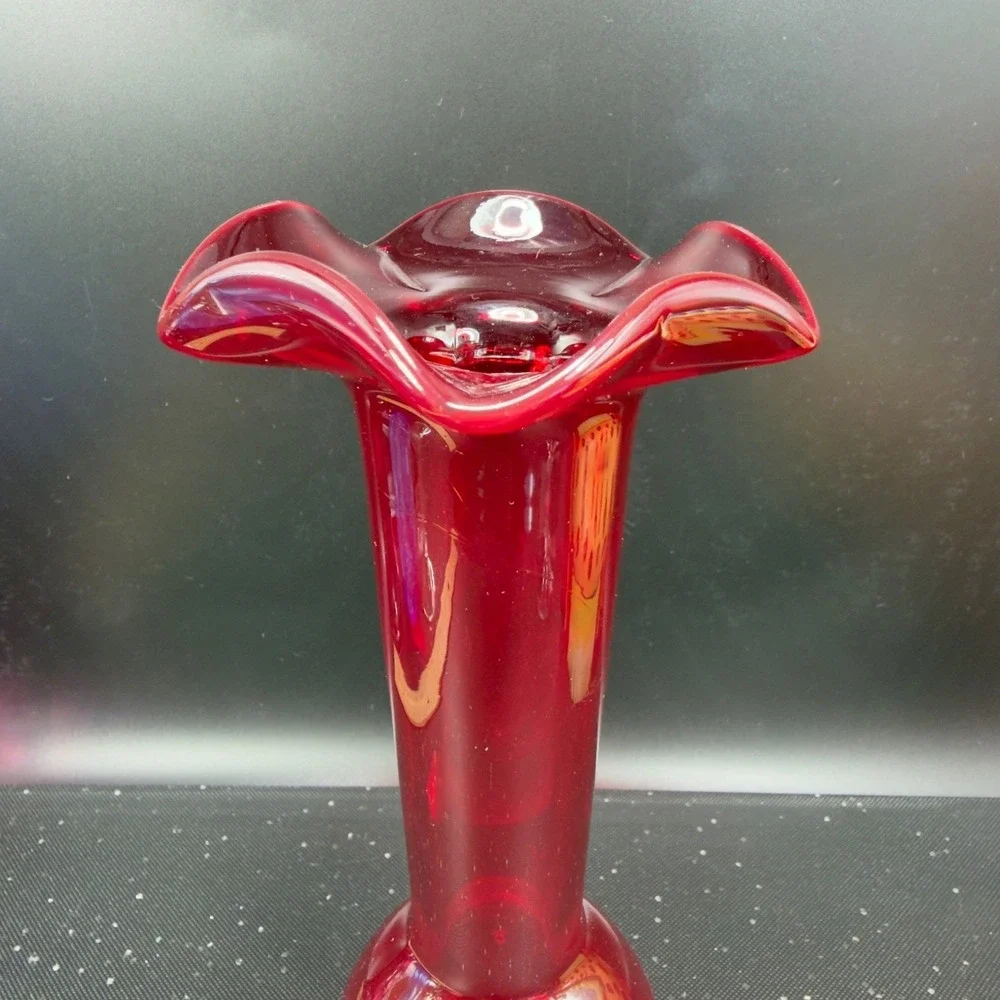 Vintage Ruby Red Crackle Art Glass Bud Vase Ruffled‎ Rim Clear Base 1990s Vase